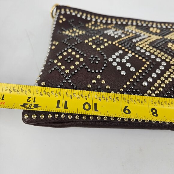 Studded Wristlet Clutch Purse Bag Brown Gold Silver Accents 2 Detach Straps 11x7 - Picture 11 of 13